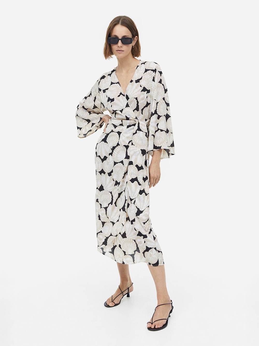 H&M Limited Edition Women's Black & Cream Coastal Seashells Wrap Kimono Cover-Up - Picture 2 of 6